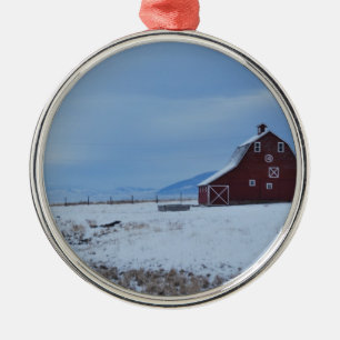 Red Barn in the Winter Rocky Mountains Metal Ornament