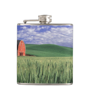 Red barn in wheat & barley field in Whitman 2 Hip Flask