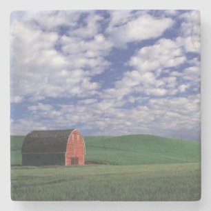 Red barn in wheat & barley field in Whitman Stone Coaster