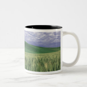 Red barn in wheat & barley field in Whitman Two-Tone Coffee Mug