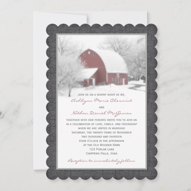 Red Barn in Winter Wedding Invitation 2 (Front)