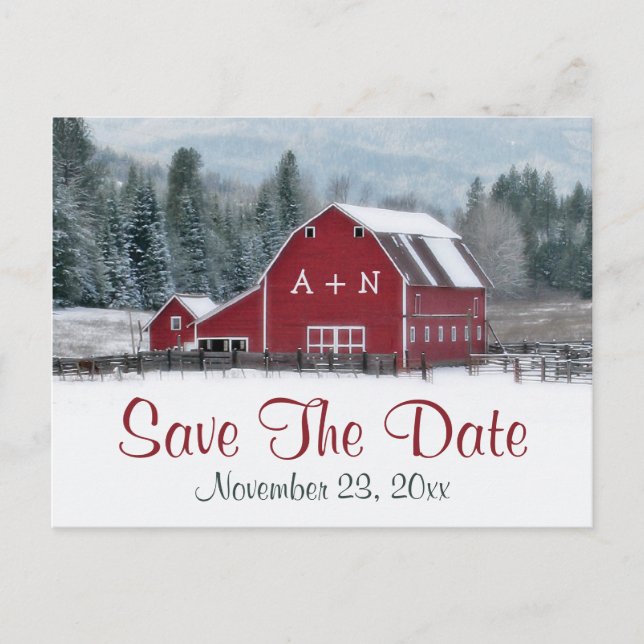 Red Barn in Winter Wedding Save the Date Post Card (Front)