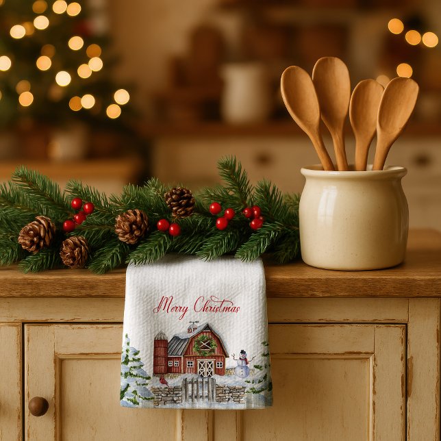 Red Barn Merry Christmas Snow Scene |  Tea Towel (Creator Uploaded)