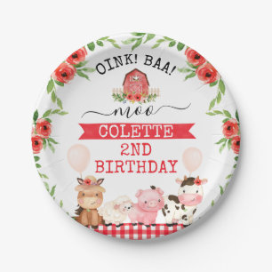 Red Barn Oink Baa Moo Farm Animals Birthday Paper Plate