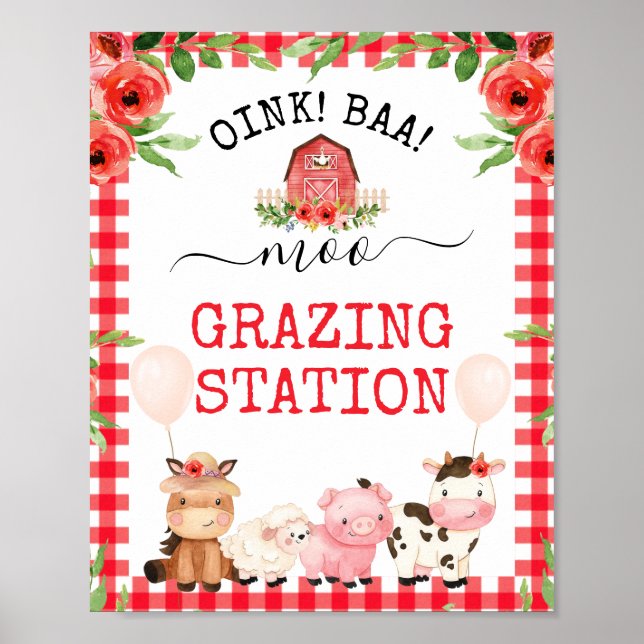 Red Barn Oink Baa Moo Farm Animals Birthday Party  Poster (Front)