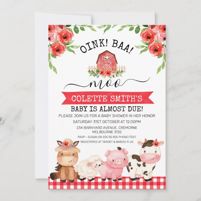 Red Barn Oink Baa Moo Farm Baby Shower Invitation (Front)