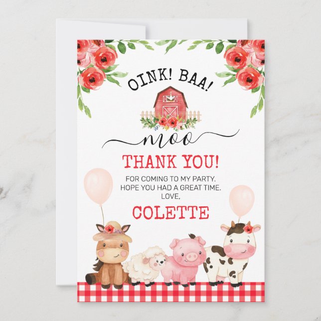 Red Barn Oink Baa Moo Farm Birthday Thank You Card (Front)