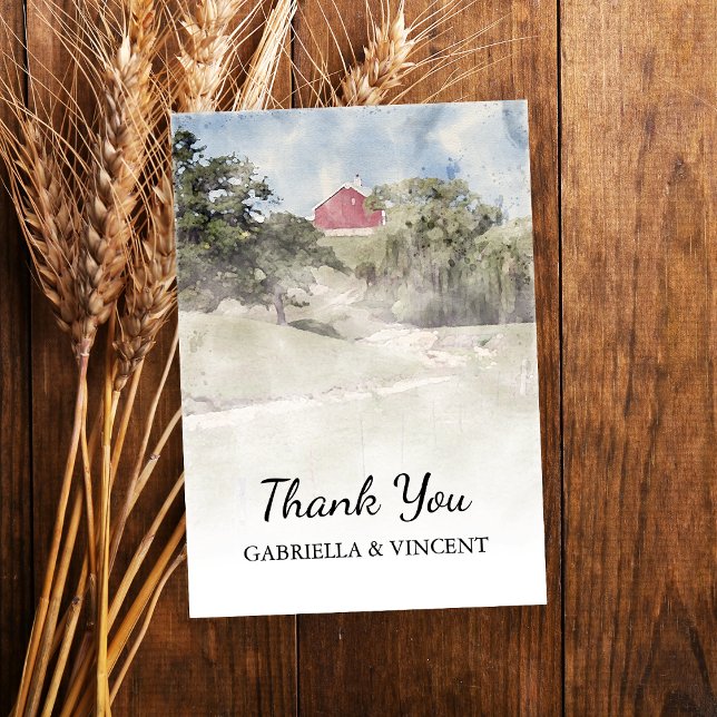 Red Barn on Hill Country Farm Wedding Thank You Card (Show gratitude after your farm style bridal shower or wedding with this country barn thank you note.)