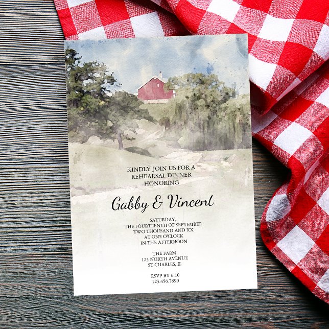 Red Barn on Hill Farm Watercolor Rehearsal Dinner Invitation (Creator Uploaded)