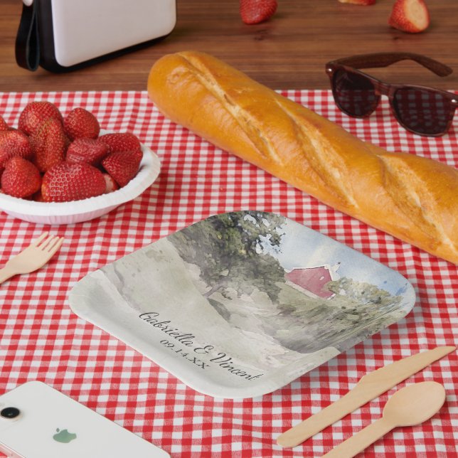 Red Barn on Hillside Country Farm Wedding Paper Plate (Picnic)