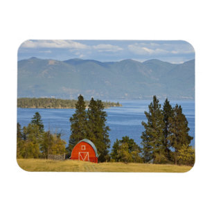 Red barn sits along scenic Flathead Lake near Magnet