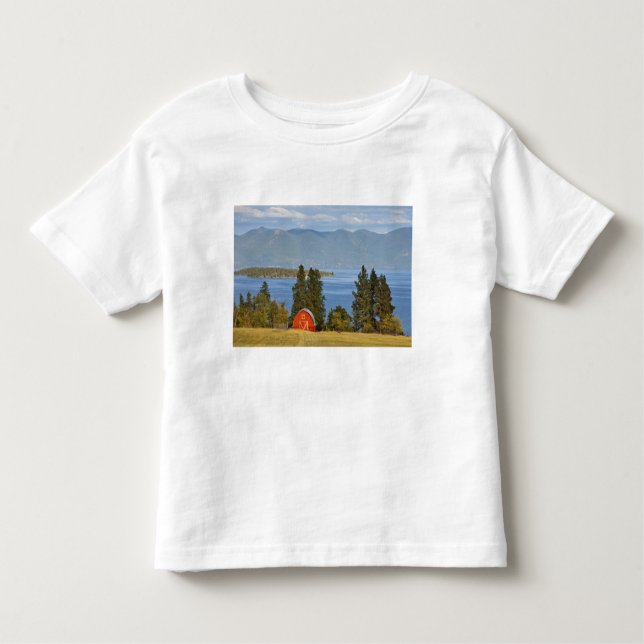 Red barn sits along scenic Flathead Lake near Toddler T-Shirt (Front)