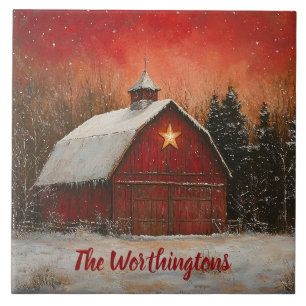 Red Barn & Snow Orange Winter Sunset Farmhouse Ceramic Tile