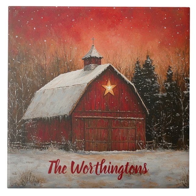 Red Barn & Snow Orange Winter Sunset Farmhouse  Ceramic Tile (Front)