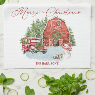 Red Barn, Snowman, Trees, Vintage Red Car Tea Towel
