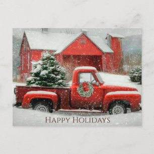 Red Barn, Snowy Landscape, and Festive Tree  Postcard
