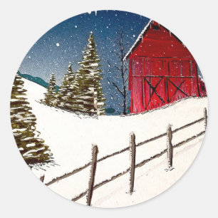 Red Barn Snowy Landscape Classic Round Sticker