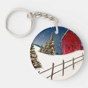 Red Barn Snowy Landscape Key Ring