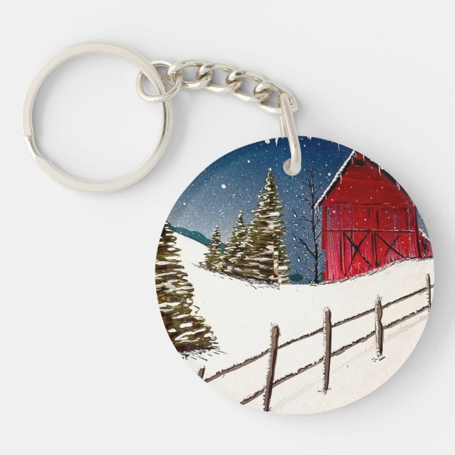Red Barn Snowy Landscape  Key Ring (Front)