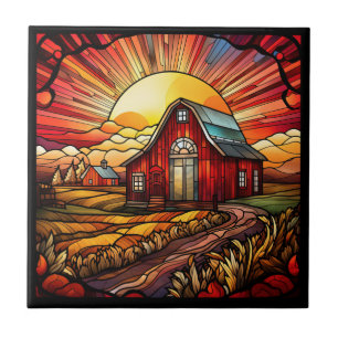 Red Barn Stained Glass Ceramic Tile