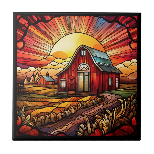 Red Barn Stained Glass Ceramic Tile (Front)