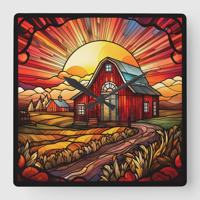Red Barn Stained Glass Wall Clock (Front)