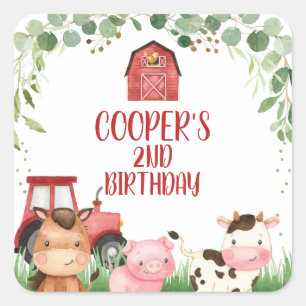 Red Barn Tractor Farm Birthday Favor Sticker