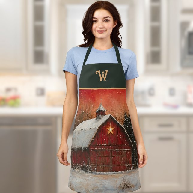 Red Barn w Star n Winter Trees Farmhouse Monogram Apron (Creator Uploaded)
