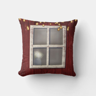 Red Barn Window & Lights Rustic Country Farmhouse Cushion