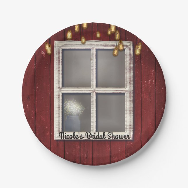 Red Barn Window & Lights Rustic Country Wedding Paper Plate (Front)