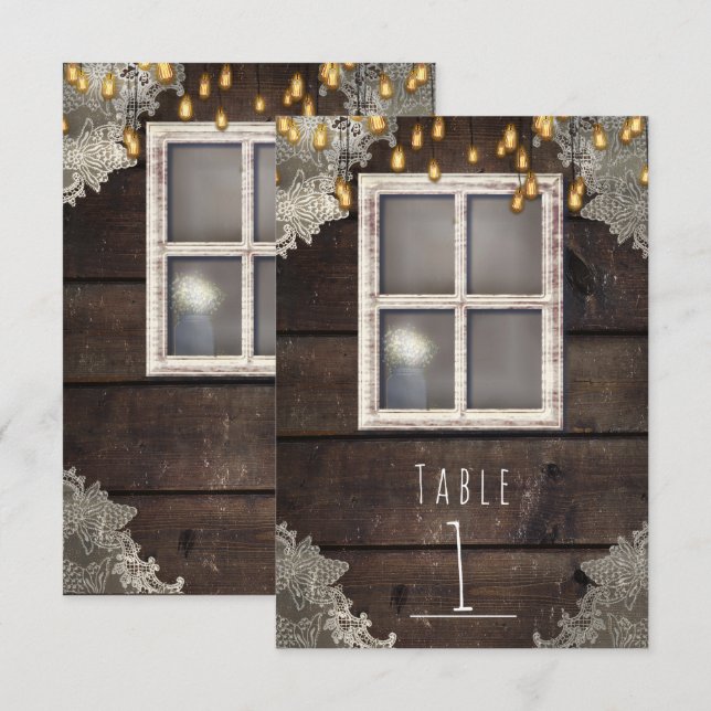 Red Barn Window & Lights Rustic Table Number (Front/Back)
