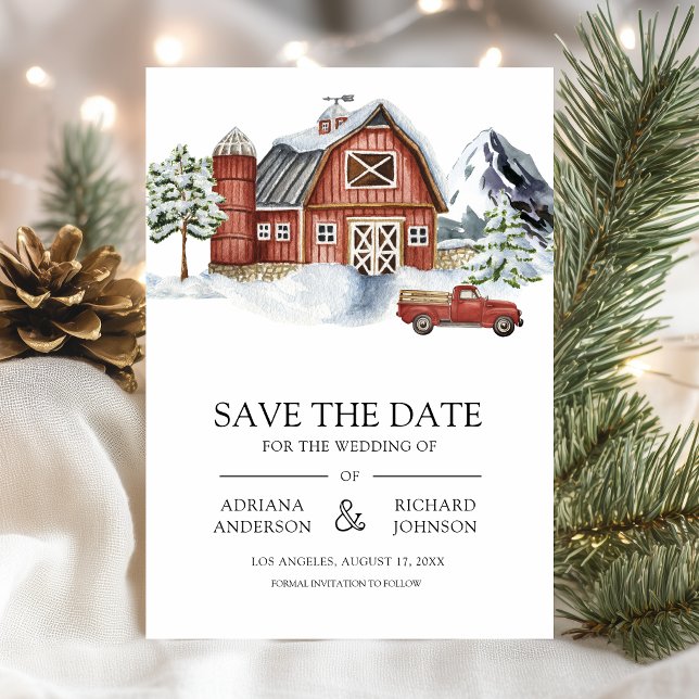 Red Barn Winter Christmas QR Code Photo Wedding Save The Date (Creator Uploaded)