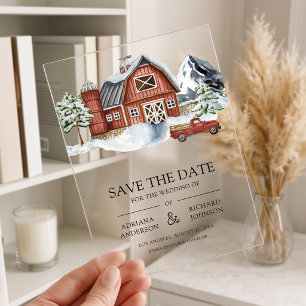 Red Barn Winter Christmas Wedding Save the Date Acrylic Invitations