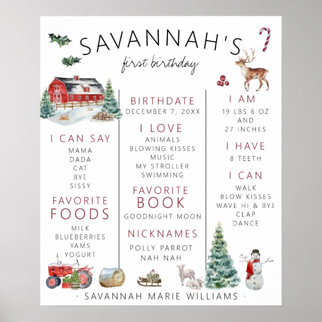 Red Barn | Winter Farm First Birthday Milestone Poster (Front)