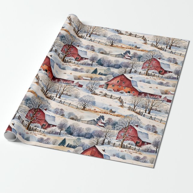 Red Barn Winter on the Farm Wrapping Paper (Unrolled)