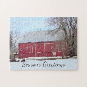 Red Barn Winter Scene Jigsaw Puzzle