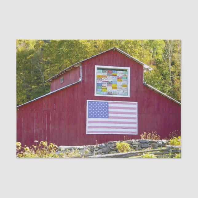 Red Barn With American Flag State License Plates Tissue Paper (Front)