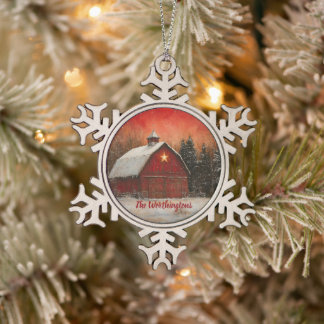 Red Barn with Star and Trees Farmhouse Monogram Snowflake Pewter Christmas Ornament