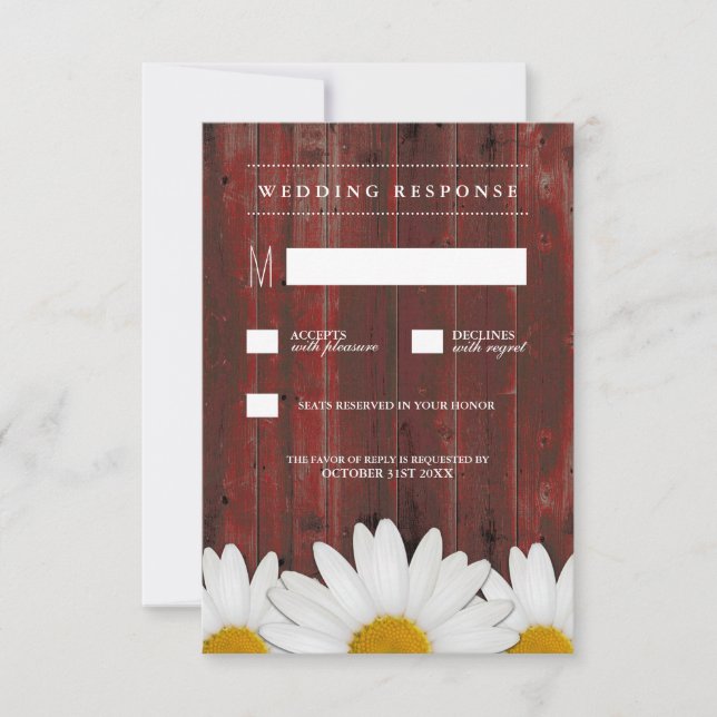 Red Barn Wood Rustic Daisy Wedding RSVP Cards (Front)