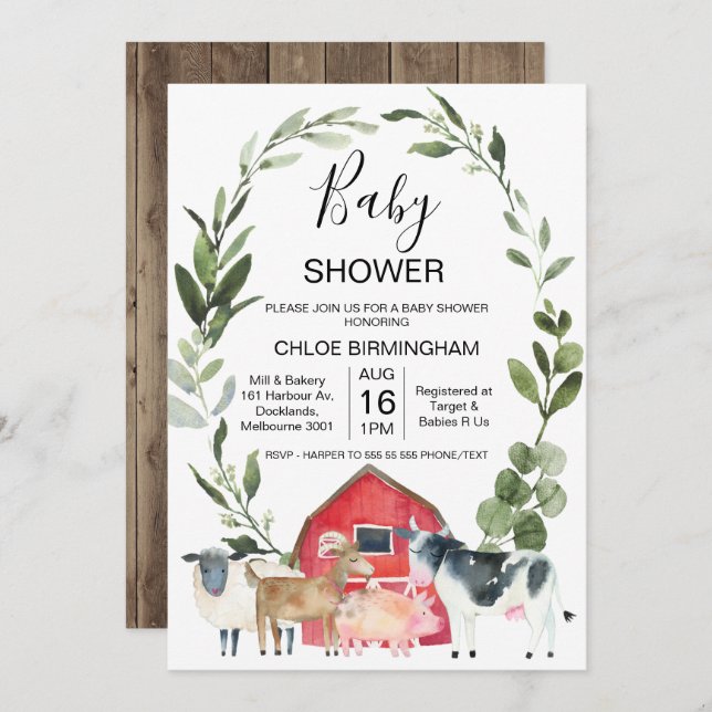 Red Barn Wreath Farm Animals Baby Shower Invitation (Front/Back)