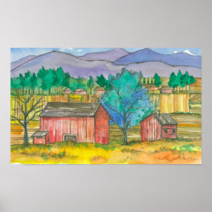 Red Barns Autumn Fields Watercolor Landscape Poster