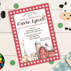 Red Barnyard Animals, Kids' Birthday Party  Invitation