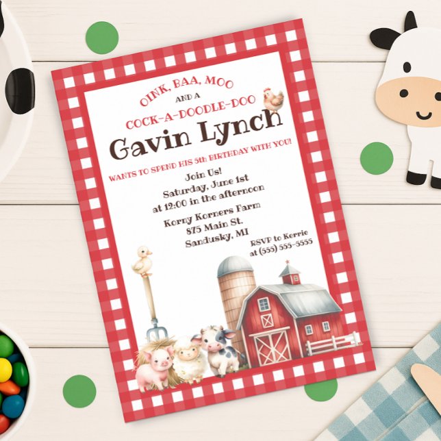 Red Barnyard Animals, Kids' Birthday Party  Invitation (Creator Uploaded)