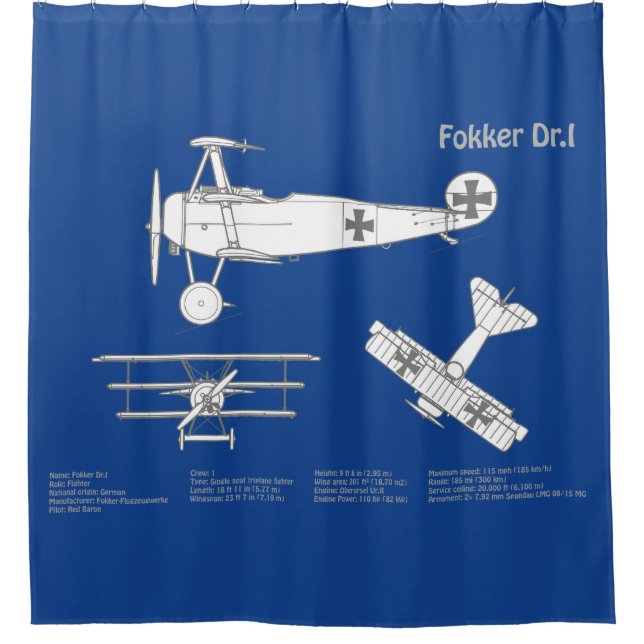 Red Baron Fokker Dr.1 - Aeroplane Blueprint ABD Shower Curtain (Front)