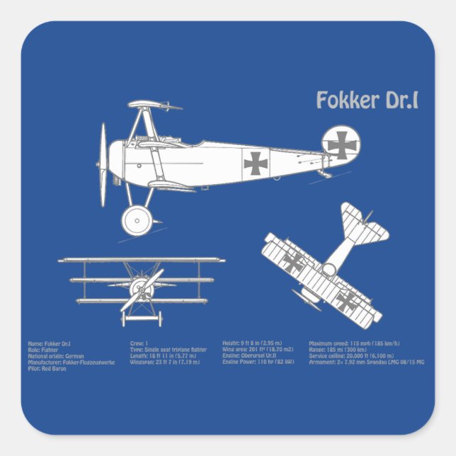 Red Baron Fokker Dr.1 - Aeroplane Blueprint ABD Square Sticker (Front)