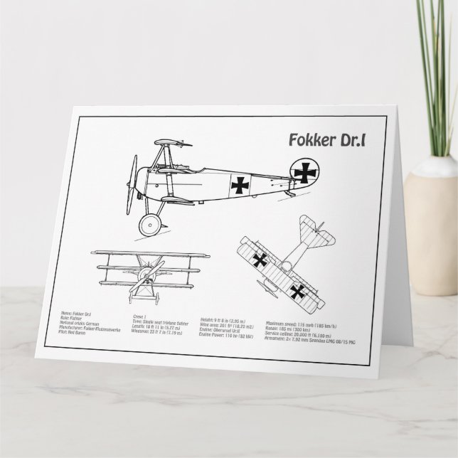 Red Baron Fokker Dr.1 - Aeroplane Blueprint BD Thank You Card (Front)