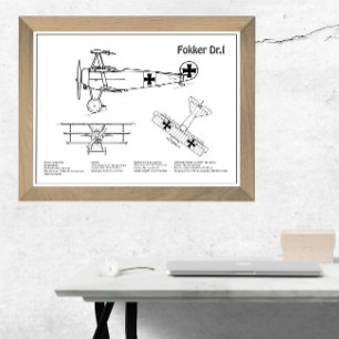 Red Baron Fokker Dr.1 - Airplane Blueprint BD Photo Print