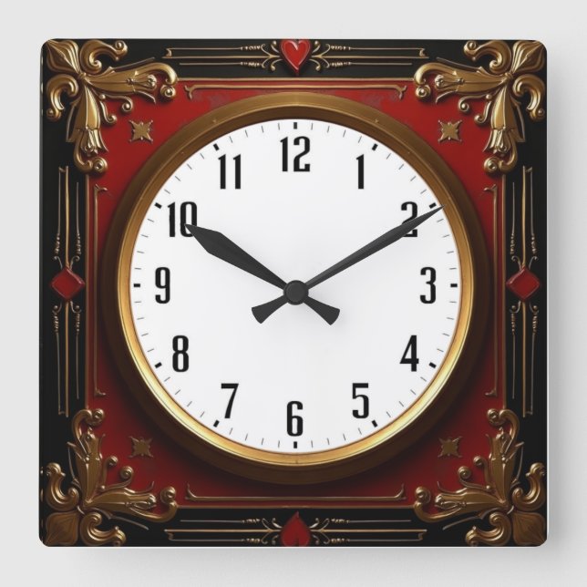 Red Baroque Square Wall Clock (Front)