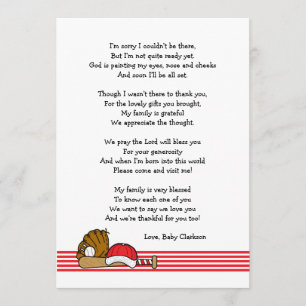 Red Baseball Baby Shower Thank you note with poem Card