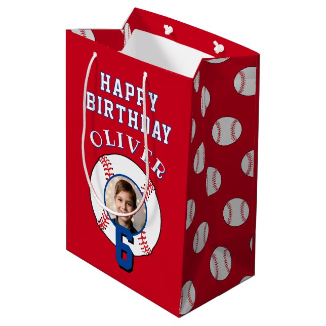 Red Baseball Ball Kids Birthday Photo Medium Gift Bag (Back Angled)